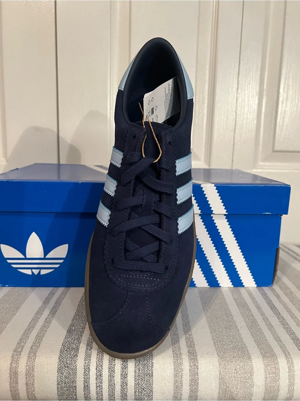 adidas Navy STADT Suede Sneakers with Light Blue Stripes and Gum Sole 10.5M